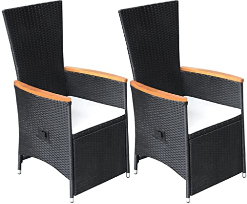 KOIECETA 2X Gartenstuhl mit Auflagen Relaxstuhl Sessel Sonnenliege Stuhl Hochlehner Gartenmöbel Rattansessel Poly Rattan (Verstellbare Rückenlehne und Fußstütze, Schwarz)