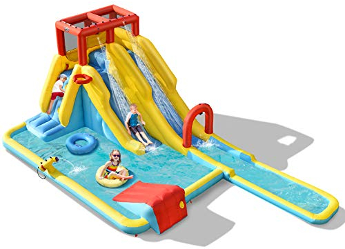 GOPLUS 7 in 1 Aufblasbare Hüpfburg, mit Rutsche, Kletterwand, Wasserbecken, Wasserpistole & Basketballkorb, Aufblasbare Wasserpark mit Tragetasche, für Kinder von 3-10 Jahren (Groß, Ohne Gebläse)