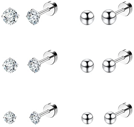 Dochais 6 Paare Ohrstecker Set Titan Damen, Silber Ohrringe Stecker Herren, Hypoallergen Ohrring mit Cubic Zirkonia Rücken Barbell Piercings Ohr Helix Tragus 3 mm/4 mm/5 mm