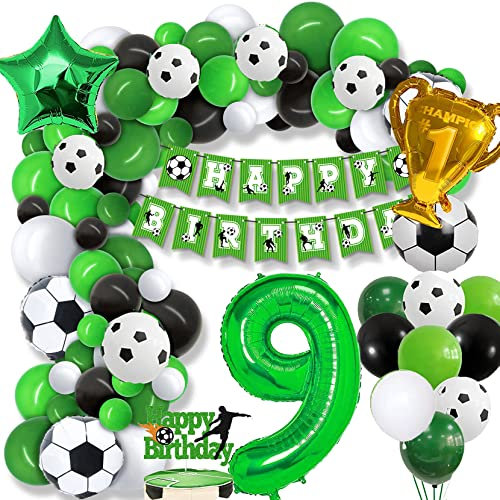 9th Football Birthday Decorations - 79PCS Green Balloon Arch Kit With Soccer Foil Balloon for Boys Kids Fans Party Supplies