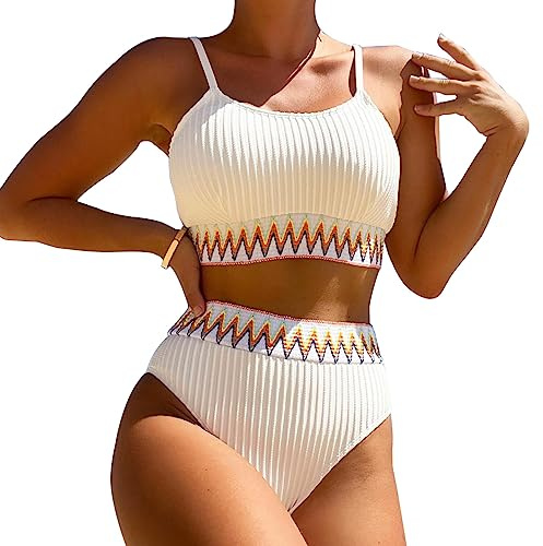 KBRPEY Traje de Baño Mujer Conjunto de Bikini Tankini Trajes de Baño Ahuecados Bañador Atractivo de Dos Piezas Verano Swimwear Ropa de Baño de Playa Cintura Alta (Blanco XL)