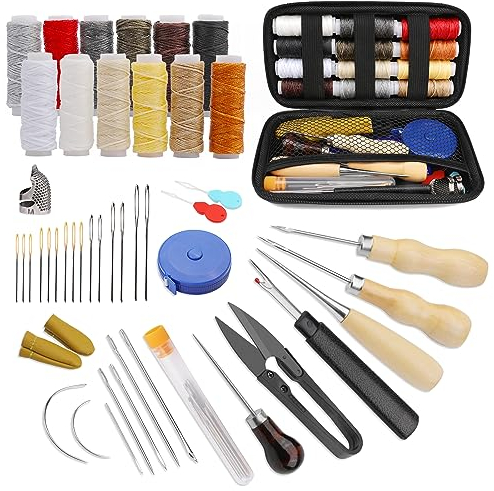 SUVSOON Leather Sewing Kit, Upholstery Repair Kit with Heavy Duty Waxed Thread Sewing Needles Awls Thimble for Shoes Sofa Carpet Repair and Sewing Leather Working Tools and Supplies