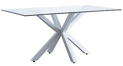 Home Heavenly® - Mesa Comedor Cristal Templado Transparente Xian, 160x90 cm, Patas Metal Doble X. (160x90 cm, White)