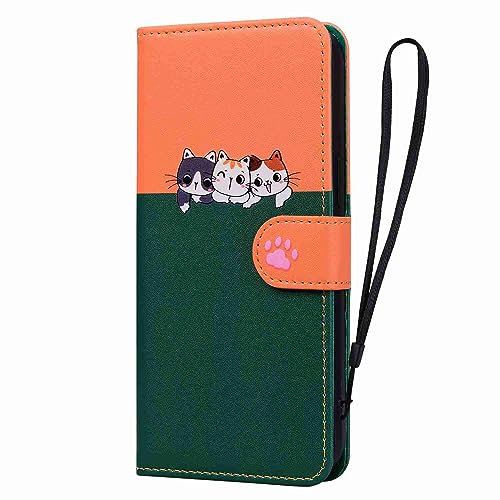 for iPhone 13 Case, iPhone 14 Case, Flip Wallet PU Leather Cute Animal Case for Women Girls with [Kickstand] [Magnetic Clasp] [Card Holder] [2 Color Splicing] Cover for iPhone 13/ 14, Orange & Green