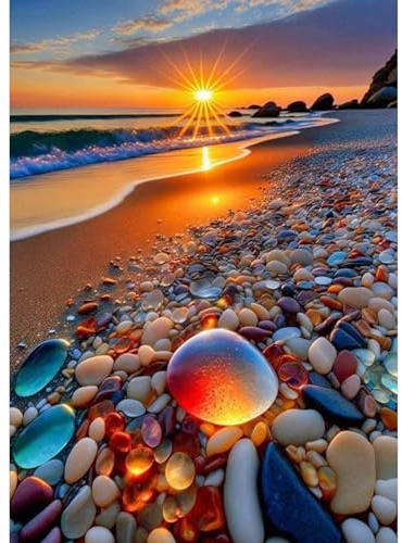 DAERLE 5D Diamond Painting Strand Szenerie, Diamant Painting Bilder Sonnenuntergang, Diamond Art Full DIY Diamant Meeresglas Kunst Malerei Stickerei Set Kreuzstich Bilder Home Wand Dekor 30x40cm
