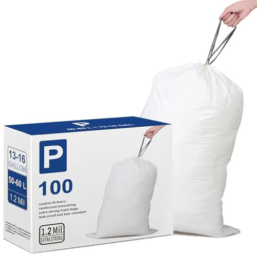 Code P Lot de 100 sacs poubelle avec cordon de serrage, 1,2 mm d'épaisseur, compatibles avec poubelle Simplehuman Code P, 1,2 mil, 50 à 60 litres, sacs poubelle blancs très résistants