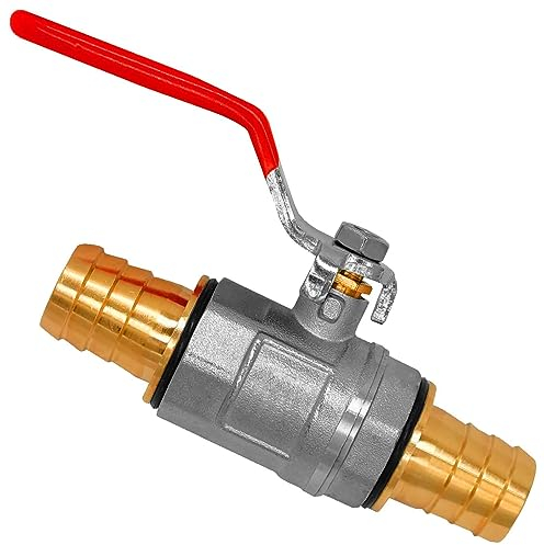 Kugelhahn aus Messing mit 2 Schlauchtüllen Außendurchmesser 14mm für 1/2 Gartenschlauch, demontierbar mit Dichtungen mit Stahl Hebelgriff rot Absperr Wasser Hahn Metall Schlauch