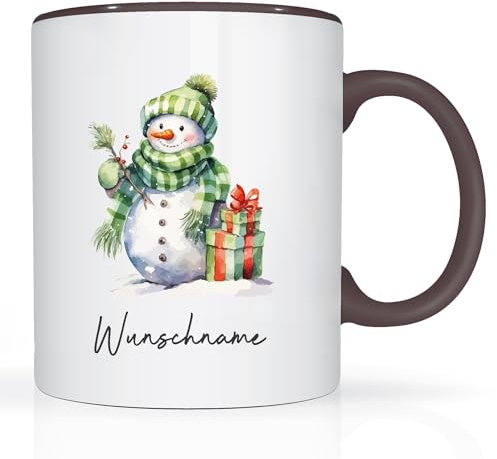 Print-Klex Tasse mit Namen und Schneemann Motiv Bedruckt Namentasse Namensbecher Xmas Geschenktasse Weiß/Schwarz Kaffeebecher Teetasse Weihnachtstasse Keramik mit Druck 330ml Tasse mit Text