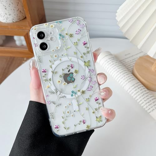 RALEAVO Magnetisch Hülle für iPhone 12 6,1 Zoll Kompatibel mit MagSafe Kabellosem Laden, Silikon Niedlich Blumen Hülle Transparent Stoßfest Schutzhülle für iPhone 12-Flower