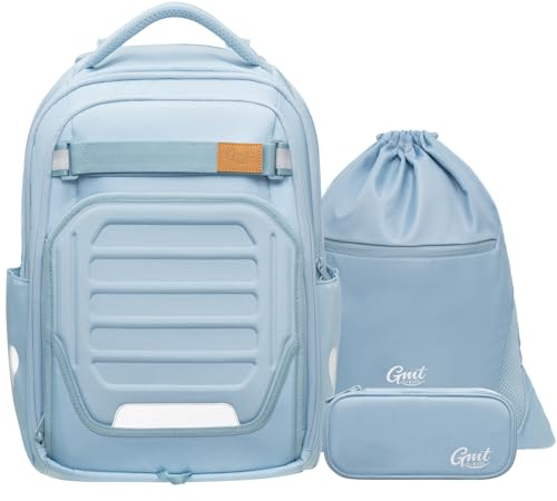 GMT for Kids Schulranzen Set 3-teilig - Ergonomische Schultasche Mädchen Groß Schulrucksack für 4-9 Klasse Rucksack 32 L-Nilblau