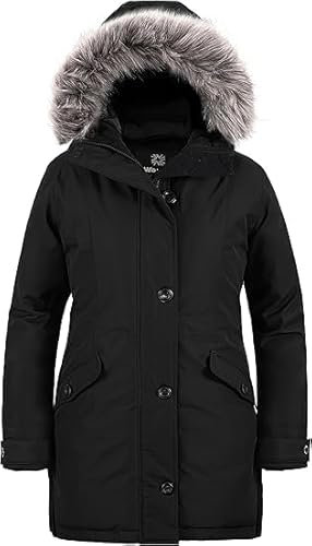 Wantdo Manteau d'Hiver en Duvet pour Femmes Parka Chaude pour l'Extérieur Veste Coupe-vent avec Capuche en Fourrure Détachable pour le Travail et la Marche Noir 50