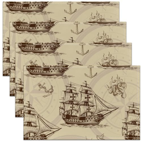 Retro Segelboot Tischsets Set von 4 für Kinder Mann,Ozean Weltkarte Skizze Platzmatten 45Bx30L,Schiff Anker Tischmatten,Küstenwesen wasserdichte Tischsets für Esstisch