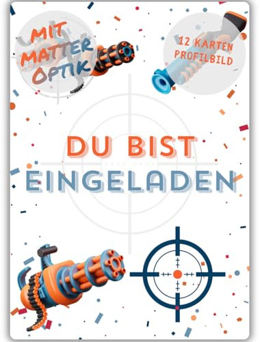 celebr8te 12x Einladungskarten im Spielzeug Shooter Design - Für den Kindergeburtstag von Jungen & Mädchen - Toy Gun Geburtstagseinladungen +12 Sticker +12 Geschenktüten