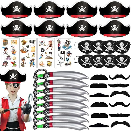 AUNGKWANG 40 PCS Anniversaire Pirate Cadeau Pirate Chapeau, Pirate Gonflables Jouet, Pirate Fausses Moustache, Cache œil Pirate, Autocollants Pirate, Cadeau Pirate Cosplay Pour Halloween Carnaval