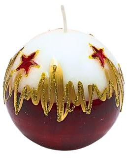 Edle Kugelkerze, Tischkerze, Dekokerze, Wachskerze mit Weihnachtsmotiv, Weihnachtskerze als Kugel 8 cm Christstern, in weiß, rot und gold.