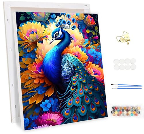 MEIYUDA Peinture par Numero Adulte avec Cadre Paon Arc-en-ciel Fleurs, DIY Peinture Acrylique pour Adultes Débutants Facile sur Toile Avec Peintures et Pinceaux Decoration Maison Cadeau 30x40cm