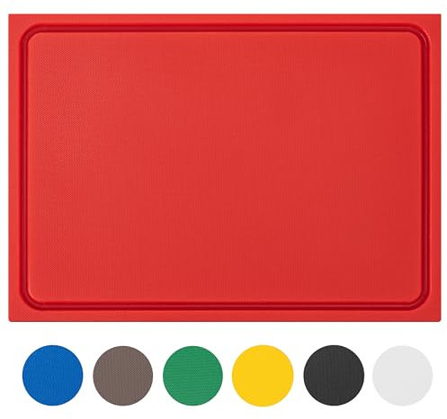 MUVELL ECOline - Schneidebrett Kunststoff Spülmaschinenfest, EXTRA dick & schwer, messerschonend | ver. Farben & Größen | HACCP rohes Fleisch Küchenbrett | Schneidbrett mit Saftrille (Rot, 35x25x2 cm)