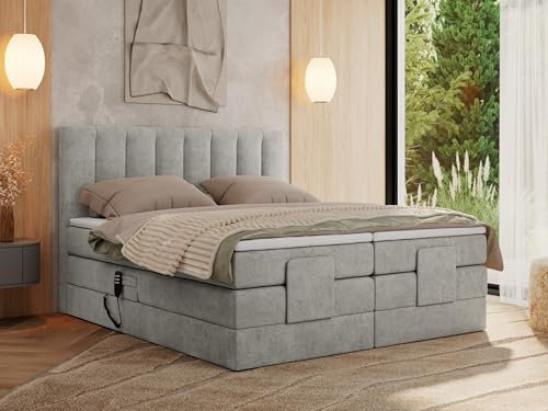 MKS MEBLE Boxspringbett 200x200 elektrisch verstellbar 7-Zonen Taschenfederkern Matratze und Topper Bett 200x200 mit Motor Polsterbett Motorbett - Comforto - Hellgrau Strukture - H3