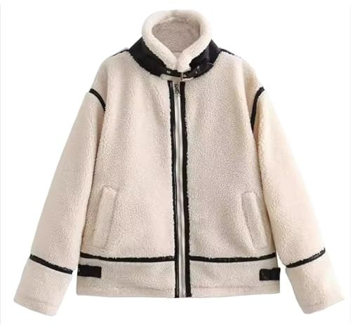 Qolkmuiy-GJ Veste en fausse polaire pour femme avec fermeture éclair et revers en peau de mouton Style aviateur Tendance Sherpa Patchwork Motard, Rose pâle, M