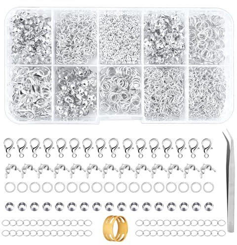 Deepton 902 Stück Armband Verschluss, Quetschperlen, Schmuckherstellung Set, Kettenverschluss, Biegeringe, Kettenverlängerung, Quetschkalotten, mit Pinzette Ösenöffner Etui, Silber