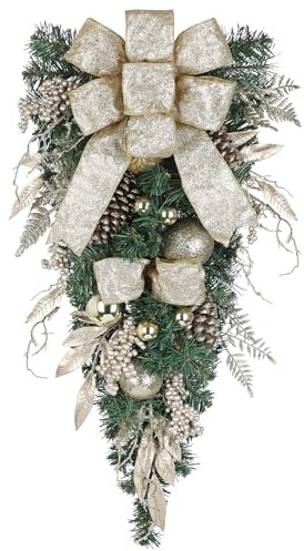 Hollyone Guirnalda navideña con Gotas 70 cm Decoración navideña Teardrop Swag Champán con Bolas navideñas Bayas Piñas Lazo Adornos Colgantes para la Puerta de Entrada Decoración de Pared