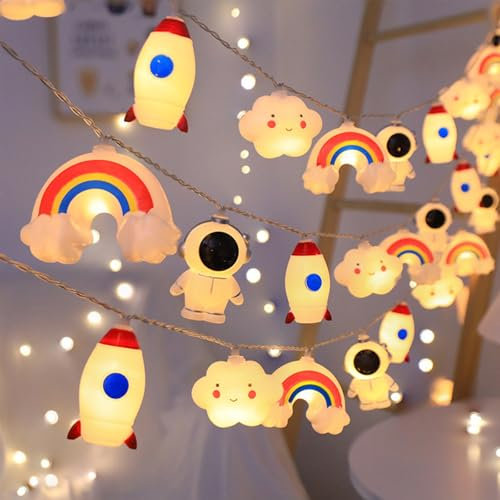 ENLACE Kinder Lichterkette, 1,5M 10 LED Wolke Regenbogen Astronaut Rakete Lichterkette Kinderzimmer, Lichterkette Innen Außen für Kinderzimmer Fenster Garten Hochzeit Geburtstagsparty Zimmer Deko