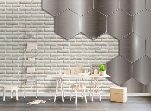 Mur De Briques Blanches Hexagone Cubique Créatif Papier Peint 3D Installation Facile Intissé Tapisserie Bureau Salon Canapé Chambre Décoration Murale-150cm×105cm