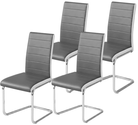 Panana Modern Dining Chair, Grey Faux Leather, High Back Dining Chairs with Chrome Base (4)