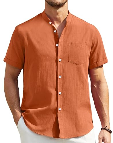Enlision Chemise en Lin Homme Manche Courte Été Léger Chemise Orange Homme Col Mao Décontractée de Fete L