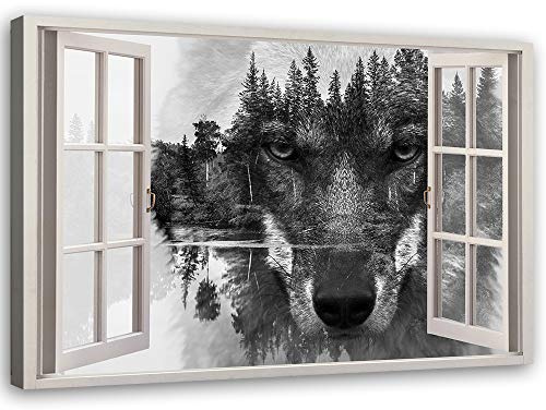 Feeby Bilder - Foto Geschenk - Fensterblick Wolf Tiere - 115x75 cm XXL 1tlg - Leinwandbilder Wohnzimmer - Wandbild über dem Bett - Bild Schlafzimmer - Aesthetic Zimmer Deko - Modern Pictures