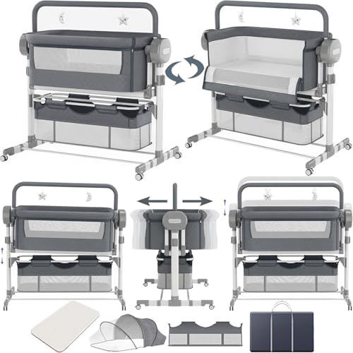 Doraystar Beistellbett Baby, Convertible Großer Raum Babybett für Co-Sleeping, Beistellbett Baby Boxspringbett mit Rollen Multifunktionale Faltbare mit 5 Schwankende Getriebe (608 Grey)