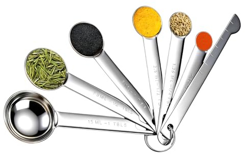 7 Pcs Stainless Steel Measuring Spoons Set with Ruler, Metal Teaspoon | Food Grade Tablespoon Scoops for Baking Cooking Coffee, Multi‑Size TSP Tbsp Measuring Spoons