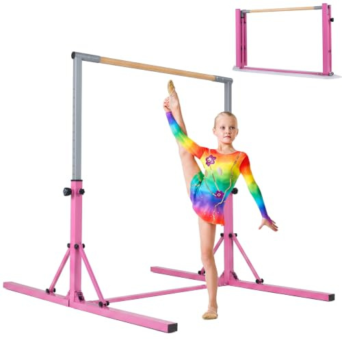 COSTWAY Gymnastik Turnreck klappbar, Turnreck 90-150cm höhenverstellbar, Reckstange mit Rollen, tragbarer Turnstangen bis 100kg belastbar, Reckanlage, Trainingsgeräte