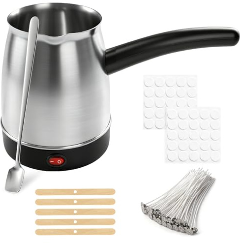 ALLFYL Electric Wax Melting Pot, 600ml Wax Melter for Candle Making with Pouring Spout, Non-Stick, UK Plug, DIY Candle Making Kit with Stirring Spoon, Wicks & Centering Device