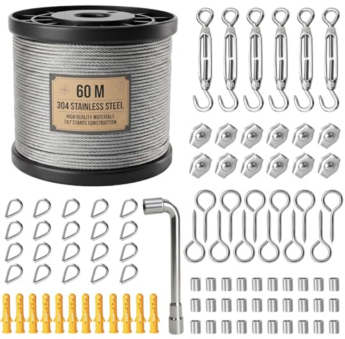60M 2MM Drahtseil, 94 Stück Stahlseil Set, 304 Edelstahl Drahtseil | Spanndraht mit PVC-Beschichtetes, Für String Light Suspension, Gardinenseil, Wäscheleine, Kletterpflanzen, Zaun & Garten