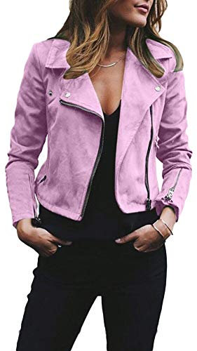Veste en cuir pour femme avec fermeture éclair - Coupe ajustée - Taille 34-48, rose, 38
