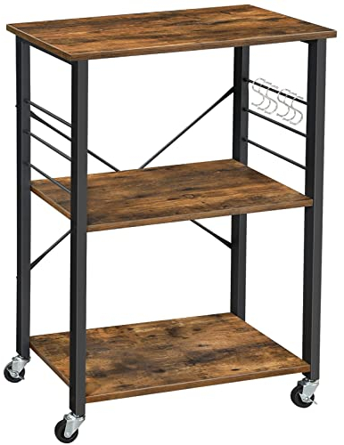 VASAGLE Küchenregal auf Rollen, Servierwagen mit 3 Ablagen, Küchenwagen, Mikrowellenregal, für Miniofen, Toaster, mit 6 Haken, Industriestil, Rustikales Braun und Schwarz UKKS60XV1
