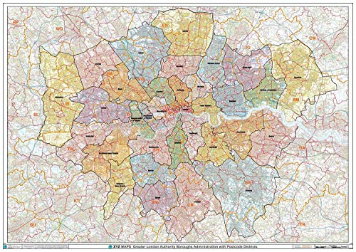 Greater London Authority Boroughs with Postcode Districts Wall Map - Plastic Coated
