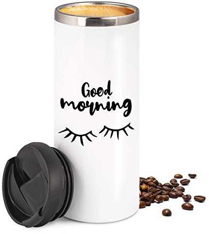 GRAZDesign Thermobecher Kaffeebecher Wimpern, Good Morning, Coffee to go Becher, Geschenk für Mama, Freundin, Kollegin, 450 ml Travel Mug Weiß