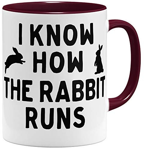 OM3® I know how the rabbit runs - Tasse mit Spruch Denglisch - Keramik Becher - 11oz 325ml - Beidseitig Bedruckt - Bordeaux