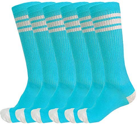 juDanzy 3 paia di calzini a tre strisce al ginocchio per ragazzi o ragazze, per calcio, basket, uniforme e uso quotidiano, Turchese con strisce bianche (3 paia), 2-4 anni