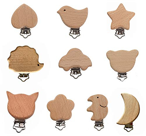 Kiwochy 10 Stück Holz Schnuller Clips Baby Beißring Nippel Halter Natürliche Holz Schnullerketten Clips aus Hochwertigem Holz Metall Holz Säugling Schnuller Verschlüsse Halter Zubehör