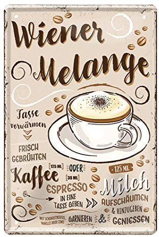 helges-shop Wiener Melange Blechschild - Retro Deko Kaffee Espresso Schild - Metallschild zur Dekoration von Küche Kaffeeladen American Diner Cafe Bistro - Anleitung Rezept Zubereitung - 20x30cm