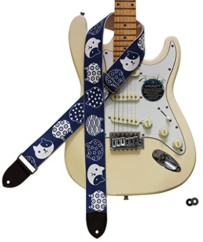 MUSIC FIRST Original-Design, 5 cm breit, Vintage-Ukiyoe-Stil, blaues Segeltuch, Fortune Cat E-Gitarrengurt, Bassgurt (Fortune Cat)