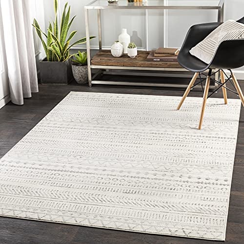 Livabliss Madrid Teppich Wohnzimmer Boho, großer Teppich Schlafzimmer 152x213 cm - Teppich für Esszimmer mit geometrischem Muster, Skandinavischer Wohnzimmerteppich modern in Elfenbein und Hellgrau