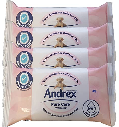 Andrex Pure Care Washlets - 4 Packs - 144 Moist Toilet Tissues - Flushable Toilet Wipes - Extra Gentle for Delicate Skin - Fragrance Free and Hypoallergenic - Biodegradable and Plastic-Free