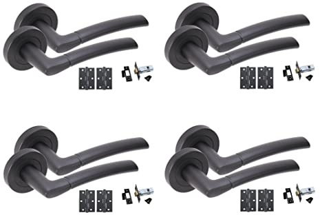 Golden Grace Indiana Lever Door Handles, Matt Black Finish, 4 Pairs | Supplied with matching ball bearing hinges, spindle, screws and 64mm tubular latches for a complete, hassle-free setup.