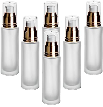 gouveo 6er Set Lotionflasche 50 ml aus Matt-Glas mit Pumpspender - Leere Pumpflasche mit Pumpkopf zum Nachfüllen - Lotionspender für Creme, Duschgel, Handgel, Kosmetik