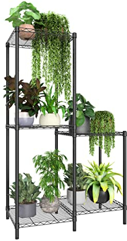 Xiofio 5-Tier Plant Stand for Indoor Outdoor, Reinforced Plant Shelf for Multiple Plants Plant Rack ,Adjustable Plant Stand Suitable for Bedroom Living Room Balcony Garden,Black