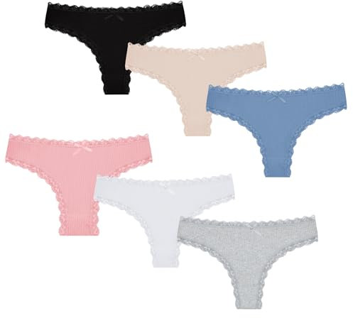 Strings en Coton et Dentelle pour Femmes –Culottes T-Back Taille Basse, sous-vêtements Doux et Respirants, Slips G-String en Lot (60091-1, L-XL)